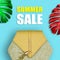 Fashionable women`s handbag and colored sheets with monsters on a bright background with the text summer sale. The concept of