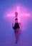 Fashionable young girl standing in violet neon light with pink cross in studio. Trendy poster for club party