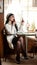 Fashionable young woman in black and white outfit putting lipstick on her lips and drinking coffee in restaurant