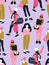 Fashionable young women in casual style on the pink polka dot background. Vector hand drawn stylish seamless pattern with girls.
