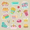 Fashioned girl badges, cute stripes and cartoon patches. Teenage badge with fashion sneakers, food and camera vector
