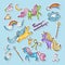 Fashioned vector stickers. Nineties retro style. Unicorn, rainbow an other magic elements