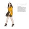 Fasion style outfit. Woman in yellow jacket, dress on the high heels and bag. Runaway magazine casual street sketch. Everyday busi