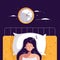 Fast asleep vector illustration. Happy woman is sound asleep, having a good dream late at night. She rests in the soft