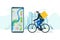 Fast bicycle delivery ordering service app concept. Smartphone with geotag gps location pin on city street and