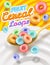 Fast breakfast - round colored cereals flakes falling into milk from spoon, product packaging mockup cover, vector