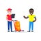 Fast delivery boy character with clipboard and trolley and boxes on it flat style design standing near  man recipient vector illus