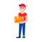 Fast delivery boy character with clipboard and trolley and boxes on it flat style design vector illustration