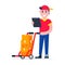 Fast delivery boy character with clipboard and trolley and boxes on it flat style design vector illustration