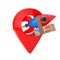 Fast Delivery Concept. Funny Rocket with Parcel Box and Map Pointer Target Pin. 3d Rendering