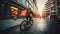 Fast delivery cyclist speeding through urban setting at dusk