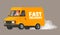 Fast delivery. The driver on the van rushes to deliver the goods to customers and quickly rides leaving a cloud of dust behind. Ve