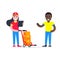 Fast delivery girl character with clipboard and trolley and boxes on it flat style design standing near man recipient vector illus