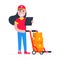 Fast delivery girl character with clipboard and trolley and boxes on it flat style design vector illustration.