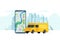 Fast delivery lorry truck ordering service app concept. Smartphone with route geotag gps location pin arrival address on