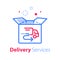 Fast delivery, open box, shipping order, distribution services, pick up point