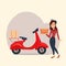 Fast Delivery pizza service by scooter with courier. Vector cartoon Girl character illustration. Delivery concept.