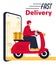 Fast delivery poster with courier scooter driving out of smartphone screen