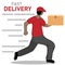 Fast delivery. Running Man in red uniform from courier delivery services holding parcel box