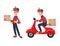 Fast Delivery service with courier. Vector cartoon male character illustration. Deliveryman riding scooter with parcel