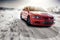 Fast drive car speed on the road turn at winter mitsubishi lancer evolution