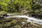 Fast flowing river stream with smooth silky water falling from big stones in beautiful waterfalls on bright sunny summer day