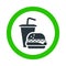 Fast food allowed, drinking and eating green sign with cocktail and hamburger icon on white background