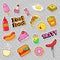 Fast Food Badges, Patches, Stickers with Burger Fries Hot Dog Pizza Donut Junk Food