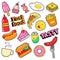 Fast Food Badges, Patches, Stickers - Burger Fries Hot Dog Pizza Donut Junk Food in Comic Style