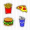 Fast Food. Badges, patches, stickers. Fries, pizza, burger, beverage in comic style.