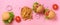 Fast food banner. Juicy meat burgers with beef, tomato, cheese, onion, cucumber and lettuce on pink background. Top view, copy