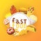 Fast food banner, poster vector illustration. Eating out. Quick way to have meal. Pizza, taco, beverage, soda, french