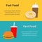 Fast food banner set Hamburger, soda with straw. Coffee paper cup, donut dessert. Flat design