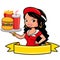 Fast food banner with a waitress serving a hamburger, fries and drink. Vector illustration