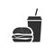 Fast food black icon vector silhouette or fastfood burger and soda soft drink beverage pictogram graphic shape illustration