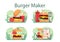 Fast food, burger house concept set. Chef cook tasty hamburger