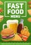 Fast food burgers, meals and drinks vector poster