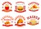 Fast food cafe badge set with takeaway dishes