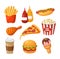 Fast food. Cartoon french fries, ketchup and hot dog, chicken and pizza, coffee and burger, popcorn and ice cream