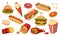 Fast food cartoon set donut menu tasty lunch vector