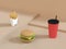 Fast food cartoon style hamburger set on abstract cream scene with red cup french fries 3d rendering