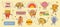 Fast food characters. Groovy delivery stickers and funny burger, hot dog and pizza slice. Retro style cartoon design for