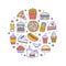 Fast food circle illustration with flat line icons. Thin vector signs for restaurant menu poster - burger, french fries