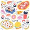 Fast food collection, menu food illustrations for delivery service, italian pepperoni pizza, japanese sushi rolls and