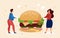 Fast food concept, hungry fat people eat burger streetfood