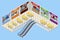 Fast Food Court. Isometric Sushi, Coffee, Ice Cream, Burgers, Salad and Pizza Place, Cafeteria, Restaurant Interior