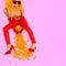 Fast Food creative concept. Minimal art. Girl in red patent leather pants and shoes with corn cheese rings. Home party style