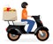 Fast food delivery courier flat vector illustration. Deliveryman driving motorbike with food parcel cartoon character on white