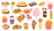 Fast food desserts icons, burgers, sweet snacks