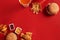 Fast food dish top view. Meat burger, potato chips and glass of drink on red background. Takeaway composition.